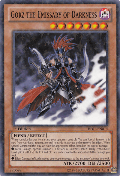 A Yu-Gi-Oh! card titled "Gorz the Emissary of Darkness [BP01-EN014] Starfoil Rare," featuring a dark, armored warrior with red hair, holding a sword and a blue flame. With 2700 ATK and 2500 DEF, this Starfoil Rare Effect Monster from Battle Pack: Epic Dawn includes detailed special summoning and damage effect instructions.