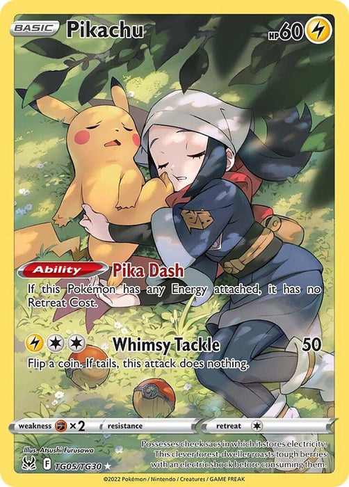 A Pokémon Pikachu (TG05/TG30) [Sword & Shield: Lost Origin] card from the Lost Origin series featuring Pikachu being hugged by a girl in a traditional outfit. With 60 HP, it boasts "Pika Dash," reducing retreat costs if energy is attached, and "Whimsy Tackle," dealing 50 damage on a coin flip. The background depicts a grassy field with trees.