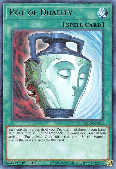 A spell card from the Yu-Gi-Oh! trading card game named "Pot of Duality [KICO-EN054] Rare," classified as a Normal Spell. The King's Court edition, ID KICO-EN054, depicts a mystical green pot with two faces—one serene and one angry—against a mystical background. Its text explains its effect to excavate and manipulate cards from your deck.