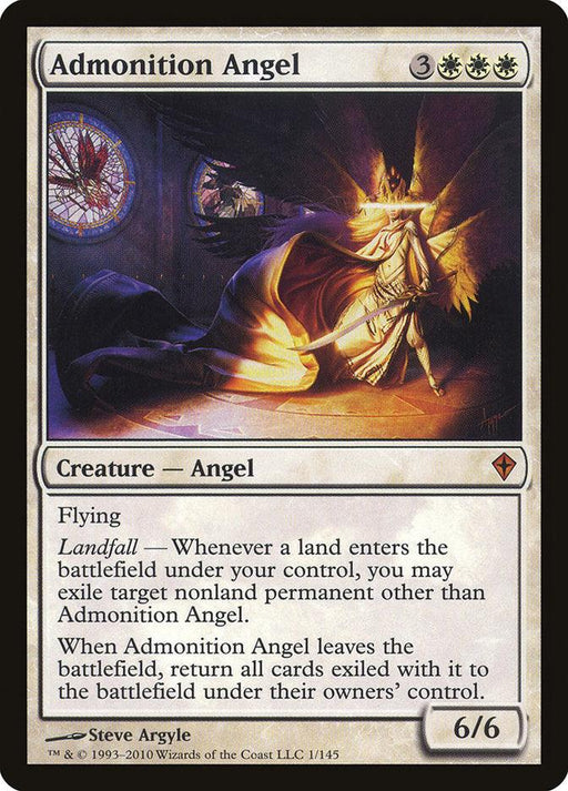 The Magic: The Gathering product Admonition Angel [Worldwake] features artwork of a luminous angel with white wings and golden armor, standing in a glowing portal. This 6/6 Creature — Angel is white with a casting cost of 3 white mana and 3 generic mana, detailed with powerful abilities.
