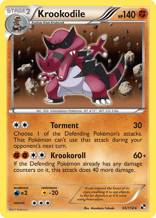 A Holo Rare Pokémon trading card of Krookodile (65/114) [Black & White: Base Set], a red and black crocodile-like creature. The card shows Krookodile with outstretched claws in a desert-like background. It has 140 HP, is a Dark type, and features two attacks: Torment and Krookoroll. The card's number is 65/114 and includes various stats.
