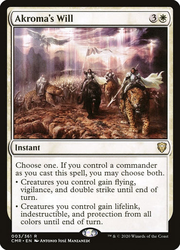 Akroma's Will [Commander Legends] Magic: The Gathering card, a rare find from Commander Legends, features a group of armed warriors riding on large, fierce felines as they traverse through a bright mystical landscape. The card's instant abilities are detailed in text boxes below the image. Illustrated by Antonio José Manzanedo.