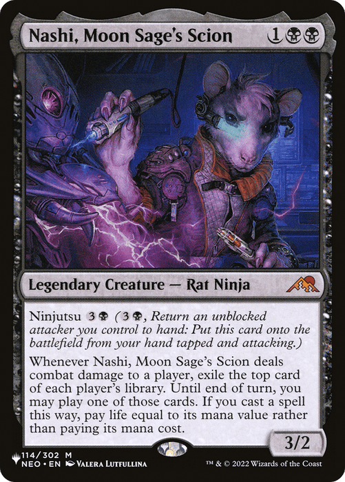 An illustrated "Magic: The Gathering" card titled "Nashi, Moon Sage's Scion [The List]" features a Legendary Creature, Rat Ninja with a glowing purple dagger and dark outfit. The abilities include ninjutsu and a damage-dealing effect that permits playing cards from other players' libraries.