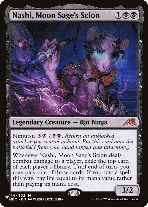 An illustrated "Magic: The Gathering" card titled "Nashi, Moon Sage's Scion [The List]" features a Legendary Creature, Rat Ninja with a glowing purple dagger and dark outfit. The abilities include ninjutsu and a damage-dealing effect that permits playing cards from other players' libraries.