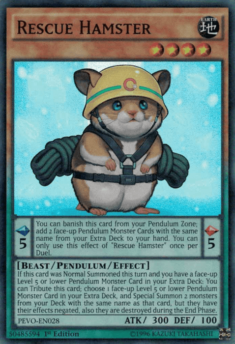A Yu-Gi-Oh! trading card named "Rescue Hamster [PEVO-EN028] Super Rare." It features an illustrated hamster wearing a green rescue helmet and a small, red backpack, standing on its hind legs. As a Pendulum Monster from the Pendulum Evolution series, its abilities are detailed with an attack value of 300 and defense of 100.