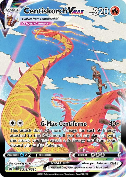 A Pokémon trading card featuring "Centiskorch VMAX" (TG15/TG30) [Sword & Shield: Lost Origin] from Pokémon. It has 320 HP and evolves from "Centiskorch V." This Secret Rare card depicts a gigantic, fiery centipede-like creature towering over a person on its back. The Fire type attack "G-Max Centiferno" deals 40+ damage.