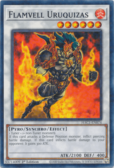 The "Flamvell Uruquizas" card from Hidden Arsenal: Chapter 1, branded by Yu-Gi-Oh! and marked as a Duel Terminal [HAC1-EN074] Common, showcases a fiery, muscular creature surrounded by flames. This Synchro/Effect Monster is depicted in a dynamic pose against a blazing backdrop and features 2100 ATK and 400 DEF. Its card text elaborates on its ability to inflict battle damage.