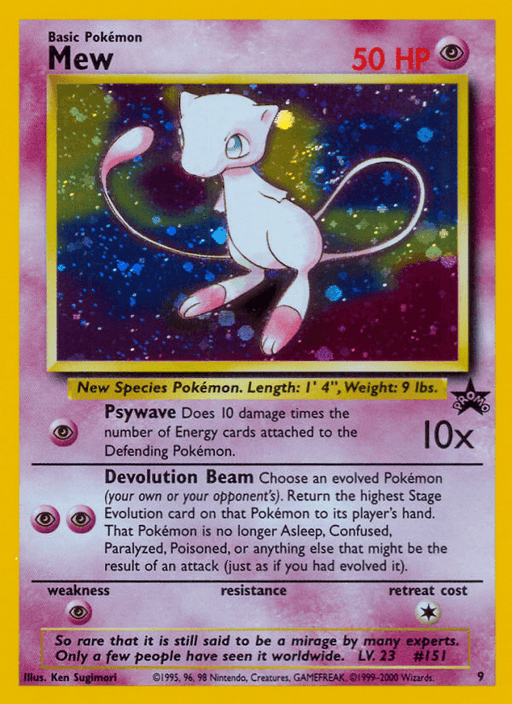 A Pokémon trading card featuring Mew (9) [Wizards of the Coast: Black Star Promos] from the Pokémon series. Mew, depicted as a pink, feline-like creature floating in a colorful, rainbow-like background, has 50 HP and is a Psychic type. The card details its attacks: Psywave and Devolution Beam. Various stats and game information are displayed by Wizards of the Coast.