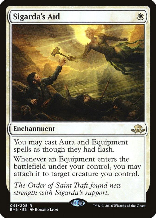 The image shows the Magic: The Gathering card "Sigarda's Aid [Eldritch Moon]," illustrated by Howard Lyon. This rare enchantment features an angelic figure bestowing aid to soldiers on a battlefield. The card text details the abilities: casting Aura and Equipment spells as if they had flash and attaching equipment to target creatures.