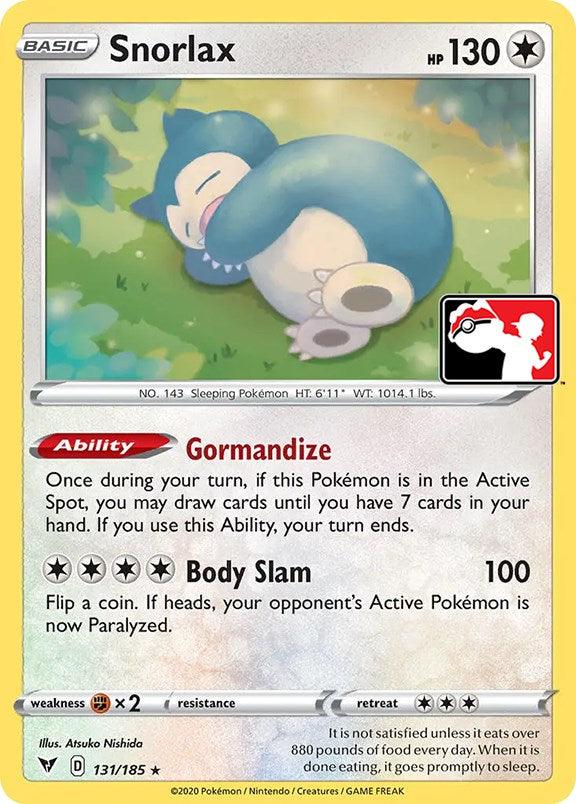 A Pokémon Snorlax (131/185) [Prize Pack Series One] card, part of the Holo Rare Colorless category, shows Snorlax snoozing under a tree in an outdoor setting. With 130 HP, it has the abilities 