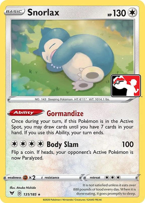 A Pokémon Snorlax (131/185) [Prize Pack Series One] card, part of the Holo Rare Colorless category, shows Snorlax snoozing under a tree in an outdoor setting. With 130 HP, it has the abilities "Gormandize" and "Body Slam." The text at the bottom mentions Snorlax's enormous appetite. Illustrated by Asako Ito and numbered 131/185, it's from Prize.