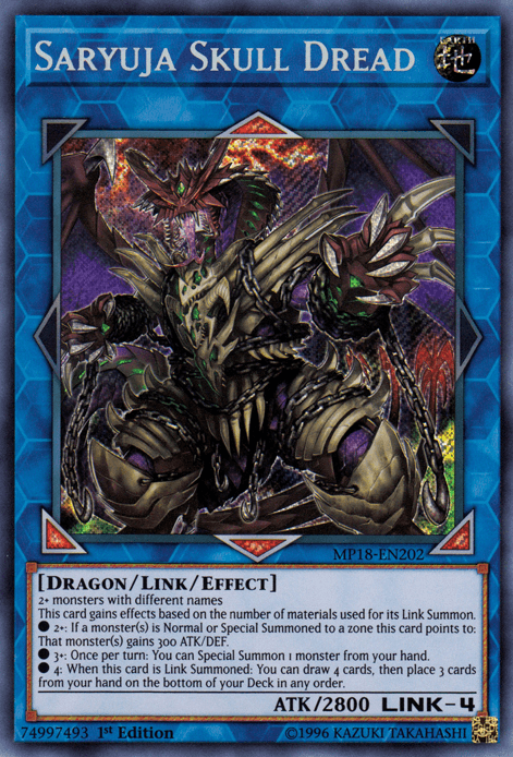 The image shows the Yu-Gi-Oh! card "Saryuja Skull Dread [MP18-EN202] Secret Rare," a Secret Rare from the 2018 Mega-Tins. It depicts a fierce dragon-like creature with multiple heads and a skeletal theme, surrounded by dark, mystical energy. The Link/Effect Monster's stats and effect details are visible at the bottom. It is a Link-4 monster with 2800 attack points.