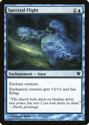 The Magic: The Gathering card "Spectral Flight [Innistrad]" shows ghostly figures in blue-green mist, symbolizing movement. This Enchantment—Aura costs one generic and one blue mana and grants a creature +2/+2 and flying.