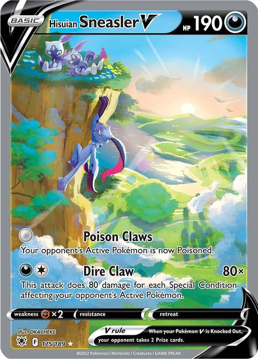 A Pokémon Hisuian Sneasler V (175/189) [Sword & Shield: Astral Radiance] trading card. It shows Hisuian Sneasler clinging to a cliff, overlooking a lush, mountainous landscape. The card details include 190 HP, abilities Poison Claws and Dire Claw, and weaknesses, resistance, and retreat cost. Card number is 175/189.