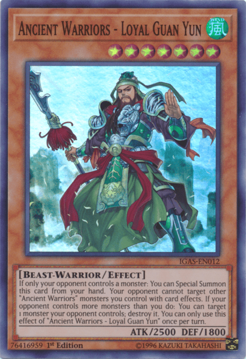A "Yu-Gi-Oh!" trading card titled "Ancient Warriors - Loyal Guan Yun [IGAS-EN012] Super Rare" showcases a green-armored warrior, wielding a large weapon and engulfed in a green glow. This Beast-Warrior/Effect Monster boasts 2500 ATK and 1800 DEF, all set against a shimmering holographic background.