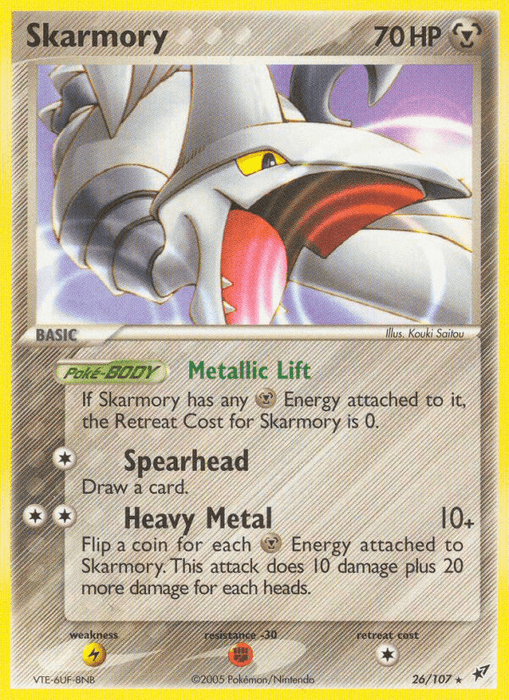 A rare Pokémon Skarmory (26/107) [EX: Deoxys] trading card from the Pokémon brand. The card shows Skarmory, a metallic bird-like creature, with 70 HP. The moves listed are Spearhead, which allows drawing a card, and Heavy Metal, dealing 10+ damage based on an Energy coin flip. The card is numbered 26/107 and illustrated by Kouki S