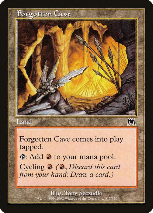 A Magic: The Gathering card titled "Forgotten Cave [Onslaught]" from the Magic: The Gathering set. It depicts a cave entrance blocked by a skeleton sitting at a passage with arrows. The card is framed in black and includes text boxes describing its land type, abilities: entering tapped, producing red mana, and cycling.