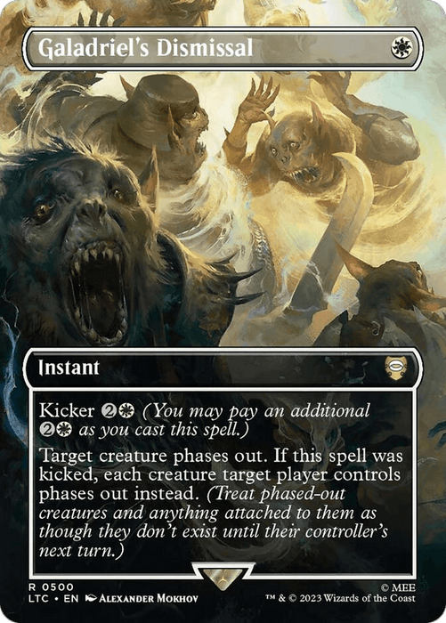 Magic: The Gathering card titled "Galadriel's Dismissal (Borderless) [The Lord of the Rings: Tales of Middle-Earth Commander]." The card art depicts ghostly, translucent creatures with glowing eyes being banished by a radiant, ethereal figure in white. As an instant spell in the Middle-Earth Commander series, its text enables you to target creature phases out for an additional kicker cost.