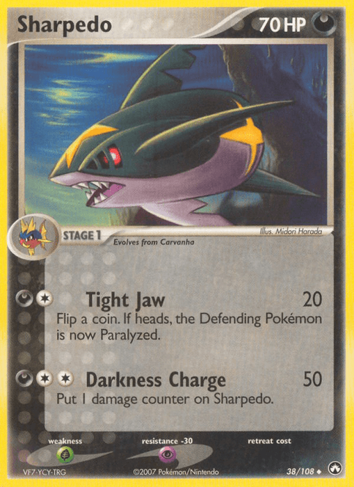 An image of a Sharpedo (38/108) [EX: Power Keepers] Pokémon trading card from the 2007 EX Power Keepers series. This Darkness type, Uncommon rarity card depicts Sharpedo as a shark-like creature with a menacing expression. The card displays its stats: 70 HP, two attacks (Tight Jaw and Darkness Charge), and details on its weaknesses, resistance, and retreat cost.