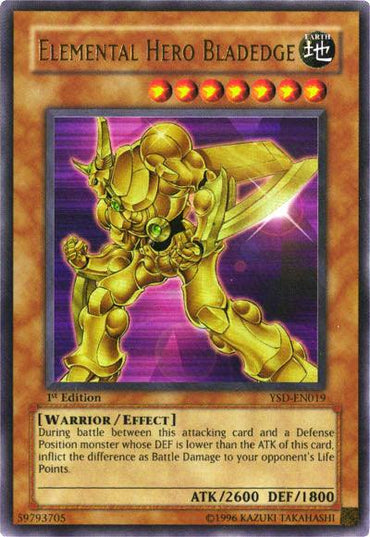 The Yu-Gi-Oh! trading card "Elemental Hero Bladedge [YSD-EN019] Ultra Rare" from the Starter Deck 2006 is a warrior/effect monster sporting 2600 ATK and 1800 DEF. This 1st Edition card showcases a golden, armored hero wielding dual blades in its detailed artwork. The card text elaborates on its effect and statistics.