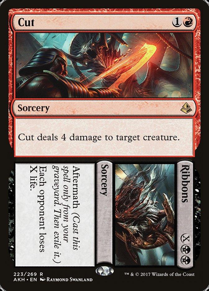 A Magic: The Gathering card from Amonkhet featuring Cut // Ribbons [Amonkhet]. This rare sorcery has 