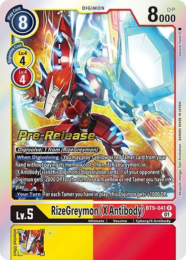 A Digimon Tamer card featuring RizeGreymon (X Antibody) [BT9-041] [X Record Pre-Release Promos]. The card has a blue play cost of 8 and a red evolution cost of 4. The Digimon boasts 8000 DP with extending arms. This pre-release level 5 card is yellow and red, numbered BT9-041 from the Digimon brand.