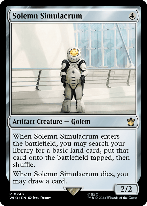 A trading card featuring "Solemn Simulacrum [Doctor Who]," an artifact creature golem with a casting cost of 4 mana. The golem stands in front of a futuristic, metallic background reminiscent of Doctor Who. It has 2 power and 2 toughness. The text details its abilities when entering the battlefield and dying. This card is part of the Magic: The Gathering brand.