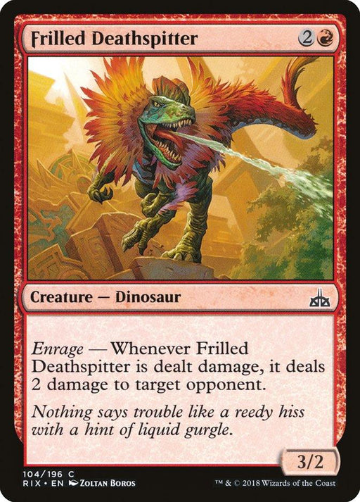 A Magic: The Gathering card titled "Frilled Deathspitter [Rivals of Ixalan]" depicts a ferocious dinosaur creature with a frilled neck, open mouth, and sharp teeth. Costing 2 colorless and 1 red mana, its Enrage ability deals 2 damage to an opponent when it is damaged. The stunning artwork is by Zoltan Boros.