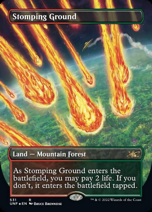 The image depicts a Magic: The Gathering card named "Stomping Ground (Borderless) (Galaxy Foil) [Unfinity]." This Land card from the Unfinity set illustrates a landscape where fiery meteors fall from the sky onto a green, forested area. The "Mountain Forest" dual land can enter the battlefield tapped unless 2 life is paid.