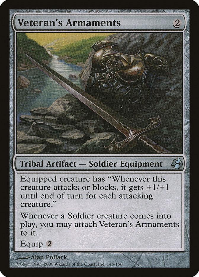 A Magic: The Gathering card named Veteran's Armaments [Morningtide], a Tribal Artifact - Soldier Equipment, features artwork of a sword and shield resting on rocks beside a river. This equipment enhances the equipped creature's power and toughness and can automatically attach to newly summoned Soldier creatures.