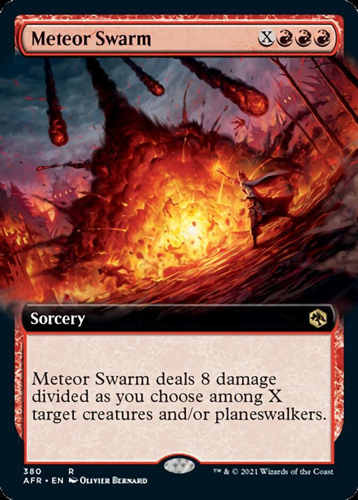 The "Meteor Swarm (Extended Art) [Dungeons & Dragons: Adventures in the Forgotten Realms]" card from Magic: The Gathering features a blazing scene of meteors crashing to the ground with fiery explosions, reminiscent of Dungeons & Dragons lore. A person stands to the right, facing the catastrophic event that deals 8 damage divided among X target creatures or planeswalkers.