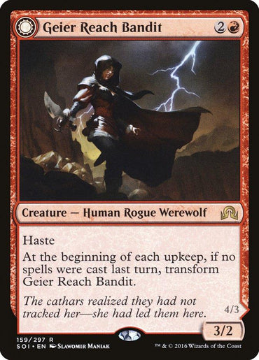 Geier Reach Bandit // Vildin-Pack Alpha" is a rare red 3/2 creature card in Magic: The Gathering with Haste, transforming if no spells are cast. A hooded werewolf scene with a dagger and lightning sets the stage. Priced at 2R, it hails from Shadows over Innistrad.