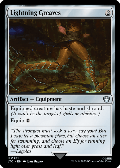 A Magic: The Gathering card named "Lightning Greaves [The Lord of the Rings: Tales of Middle-Earth Commander]." It shows a pair of armored boots with lightning streaks, worn by a character running swiftly through a field under a stormy sky. This Equipment card costs 2 mana, has an equip cost of 0, grants haste and shroud, and features a quote by Legolas from The Lord of the Rings.