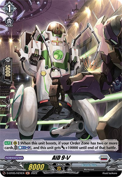 A futuristic trading card from Bushiroad features a mechanical robot called AiD 9-V (D-BT05/H24EN) [Triumphant Return of the Brave Heroes]. This bot, originating from Brandt Gate, boasts a white and green body, claw-like arms, and is depicted against a vibrant cityscape backdrop with bright lights. The Holo card text includes its abilities, stats (power 8000, critical 1, shield 5000), and additional details.