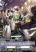 A futuristic trading card from Bushiroad features a mechanical robot called AiD 9-V (D-BT05/H24EN) [Triumphant Return of the Brave Heroes]. This bot, originating from Brandt Gate, boasts a white and green body, claw-like arms, and is depicted against a vibrant cityscape backdrop with bright lights. The Holo card text includes its abilities, stats (power 8000, critical 1, shield 5000), and additional details.