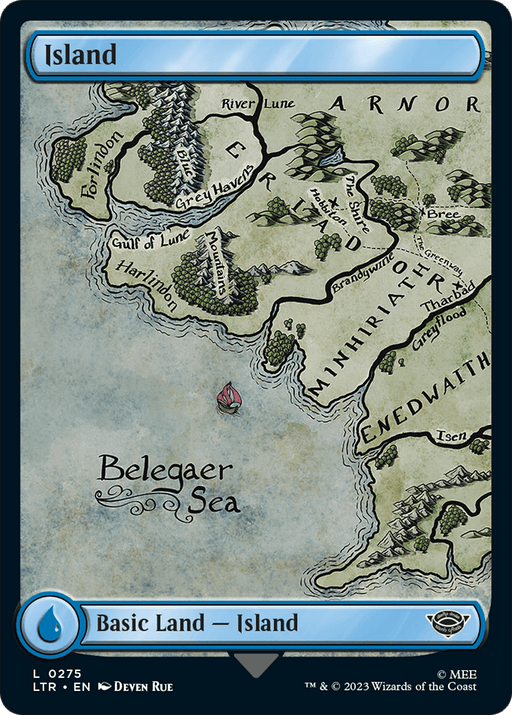 A Magic: The Gathering card titled "Island (275) [The Lord of the Rings: Tales of Middle-Earth]" features a detailed fantasy map of Middle-earth, highlighting regions like Arnor, the Grey Havens, and Enedwaith. A small red ship sails in the Belegaer Sea. This Basic Land card is part of the “Tales of Middle-Earth” series inspired by The Lord of the Rings.