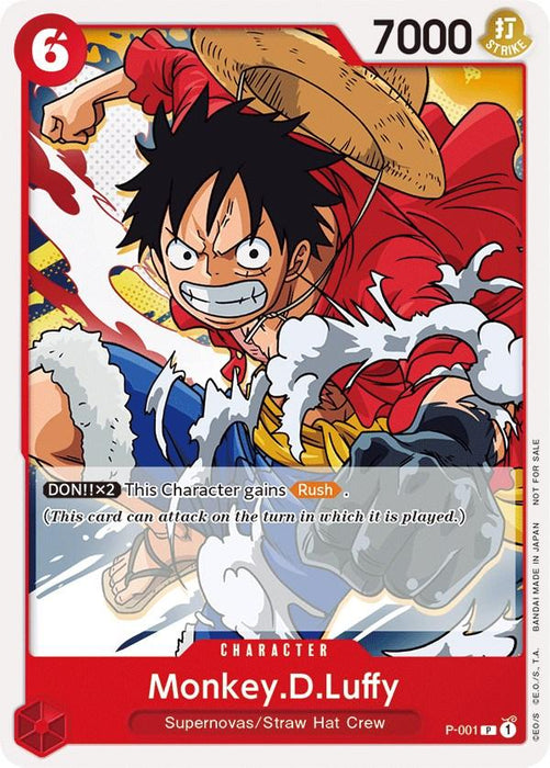 A trading card featuring Monkey D. Luffy from the Supernovas/Straw Hat Crew is part of the One Piece Promotion Cards series. Luffy is depicted in an intense pose with a determined expression, wearing his signature straw hat and red vest. The promo card has a red border, with a 6 in the upper left corner and 7000 in the upper right corner. The product name for this card is Monkey.D.Luffy (Super Pre-Release) [Participant] [One Piece Promotion Cards], and it is produced by Bandai.