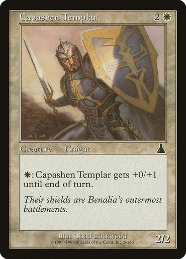 The Magic: The Gathering card named "Capashen Templar [Urza's Destiny]" is a Human Knight Creature illustrated by Todd Lockwood. It has a casting cost of two generic and one white mana, with 2 power and 2 toughness. By spending one white mana, it can gain +0/+1 until the end of turn. The flavor text on the card reads, "Their shields are Benalia’s outermost battlements.