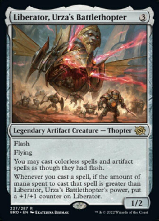 The image showcases the "Liberator, Urza's Battlethopter [The Brothers' War]" Magic: The Gathering card. This Legendary Artifact Creature depicts a mechanical dragonfly-like Thopter in flight with glowing red elements. It has a mana cost of 3, attributes Flash and Flying, and grants +1/+1 counters under set conditions.