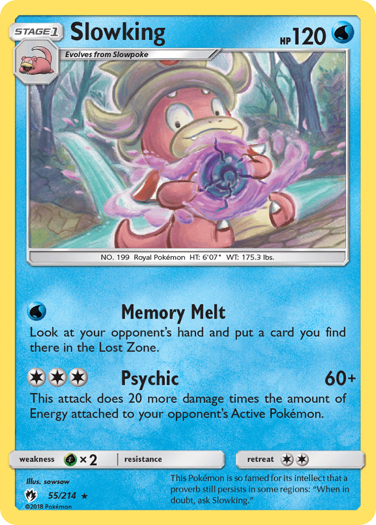 A rare Pokémon card for Slowking (55/214) [Sun & Moon: Lost Thunder] from the Pokémon series. Slowking is pink with a white, conical shell on its head and holds a glowing blue ball. The card has 120 HP and features two moves: 