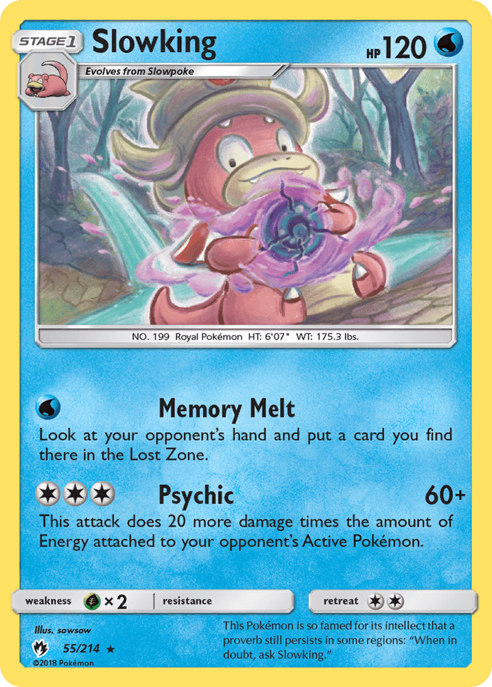 A rare Pokémon card for Slowking (55/214) [Sun & Moon: Lost Thunder] from the Pokémon series. Slowking is pink with a white, conical shell on its head and holds a glowing blue ball. The card has 120 HP and features two moves: "Memory Melt" and "Psychic." The background shows a mysterious, swamp-like environment with glowing blue orbs.