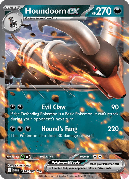 A Pokémon Houndoom ex (134/197) [Scarlet & Violet: Obsidian Flames] trading card featuring Houndoom ex, a black, dog-like Pokémon with curved horns and a spiked tail. It has 270 HP and evolves from Houndour. The Double Rare card showcases two moves: "Evil Claw" (90 damage) and "Hound's Fang" (220 damage). The background depicts an Obsidian Flames dynamic action scene.