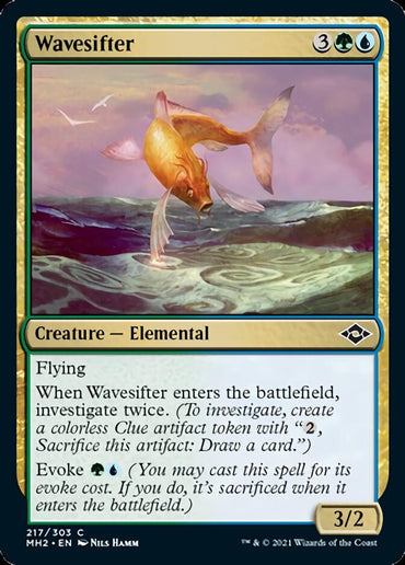 The "Wavesifter" card from *Modern Horizons 2* in *Magic: The Gathering* requires 3 colorless, 1 green, and 1 blue mana to play. This winged elemental fish glides over ocean waves with flying abilities and features an evoke cost that lets you investigate twice by creating Clue artifact tokens. It has a power of 3 and toughness of 2.