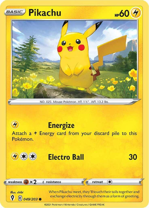 A Pikachu (049/203) [Sword & Shield: Evolving Skies] from the Pokémon series. Pikachu, an electric-type mouse Pokémon, stands in a field with mountains in the background. The card boasts HP 60 and moves Energize and Electro Ball, dealing 30 damage. Numbered 049/203, illustrated by chibi and produced by Pokémon.