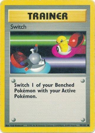 A Pokémon trading card from the Base Set Unlimited with a yellow border titled "Trainer" at the top. Below it, "Switch" is written. The illustration shows a machine with two Poké Balls, one red and white, the other yellow and black. Text reads: "Switch 1 of your Benched Pokémon with your Active Pokémon." It's card number 95/102.
 
Product: Switch (95/102) [Base Set Unlimited]  
Brand: Pokémon   

