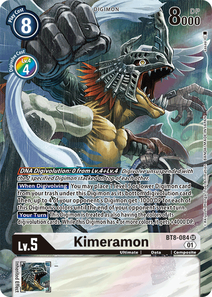 A Super Rare Digimon trading card for the character Kimeramon. The card boasts Kimeramon, a monstrous creature with metallic armor, sharp claws, and a circular saw blade on its tail. The card stats include a play cost of 8, level 5, and 8000 DP. The bottom section contains detailed gameplay text. This is the Kimeramon [BT8-084] (Alternate Art) [New Awakening] from Digimon.
