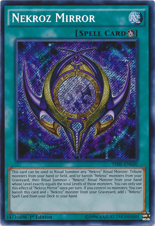 The image features the "Nekroz Mirror [THSF-EN020] Secret Rare" Yu-Gi-Oh! Ritual Spell Card. Set on a blue background, it displays intricate silver and gold designs with a circular frame encircling an emblem, and the card text details its role in summoning Nekroz Ritual Monsters.