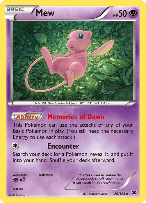 The "Mew (29/124) [XY: Fates Collide]" Pokémon trading card features Mew, a playful pink, cat-like Pokémon floating amid green foliage. This Holo Rare card, illustrated by Mitsuhiro Arita, has 50 HP and showcases moves named "Memories of Dawn" and "Encounter." Positioned as number 29 out of 124 in the set, it comes with a striking yellow border that enhances its visual appeal.