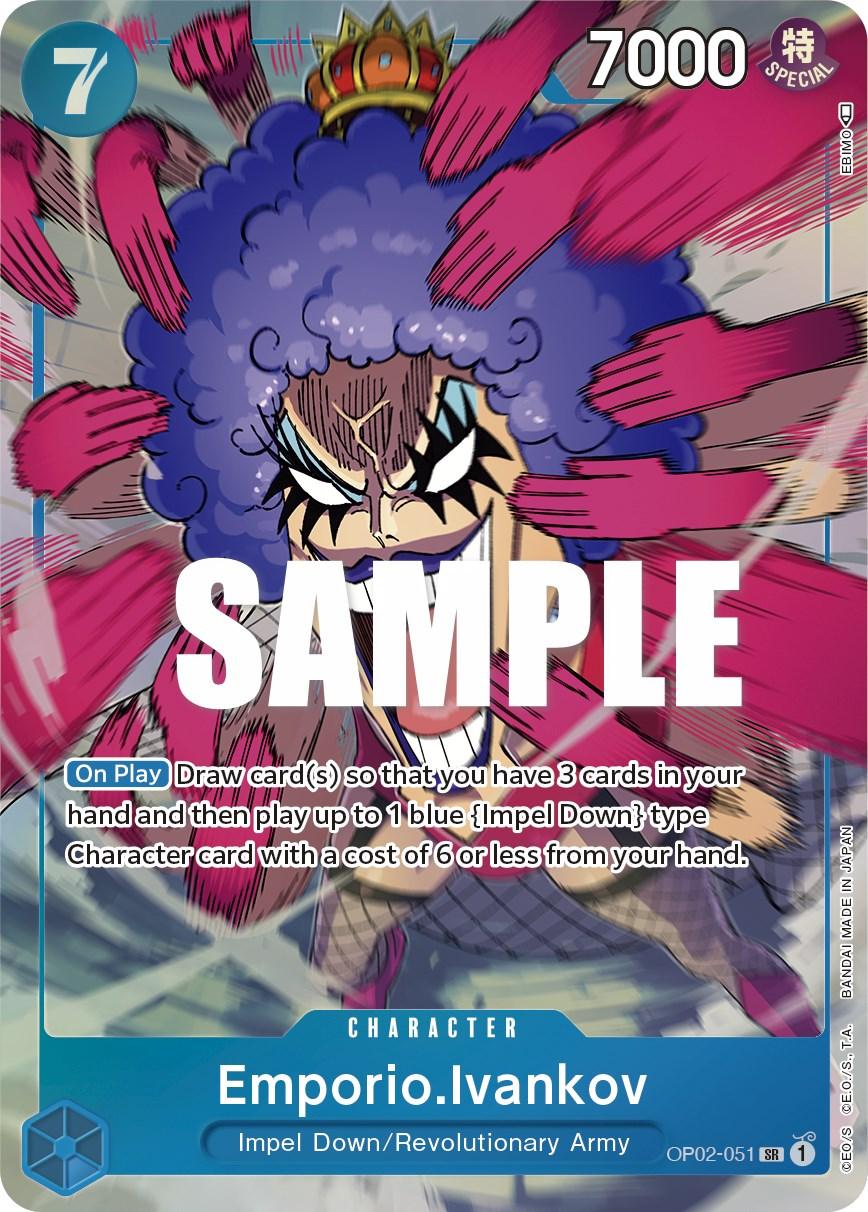 A super rare character card featuring Emporio.Ivankov (Alternate Art) [Paramount War] from the One Piece series by Bandai, this edition boasts a blue border and showcases Ivankov with a large purple afro, dramatic makeup, and a fierce expression. With 7000 power and 7 cost, it includes abilities for drawing cards and playing Impel Down characters. 