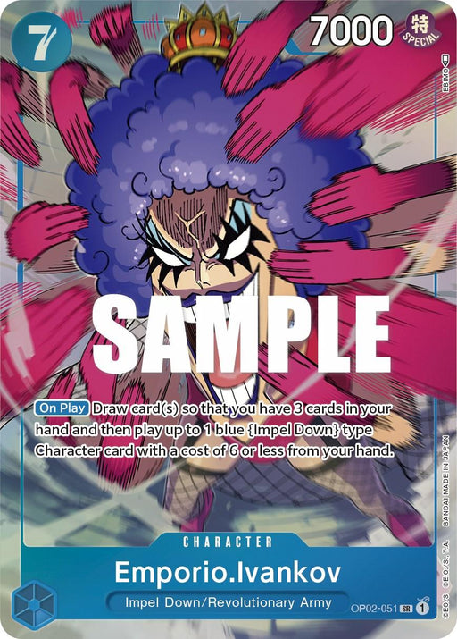 A super rare character card featuring Emporio.Ivankov (Alternate Art) [Paramount War] from the One Piece series by Bandai, this edition boasts a blue border and showcases Ivankov with a large purple afro, dramatic makeup, and a fierce expression. With 7000 power and 7 cost, it includes abilities for drawing cards and playing Impel Down characters. "SAMPLE" is overlaid on the card.